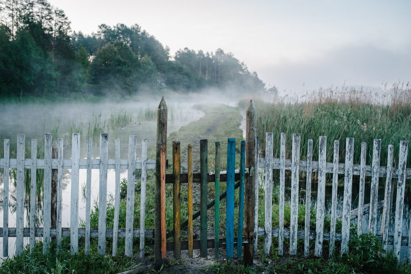 a fence with a body of water and trees in the background