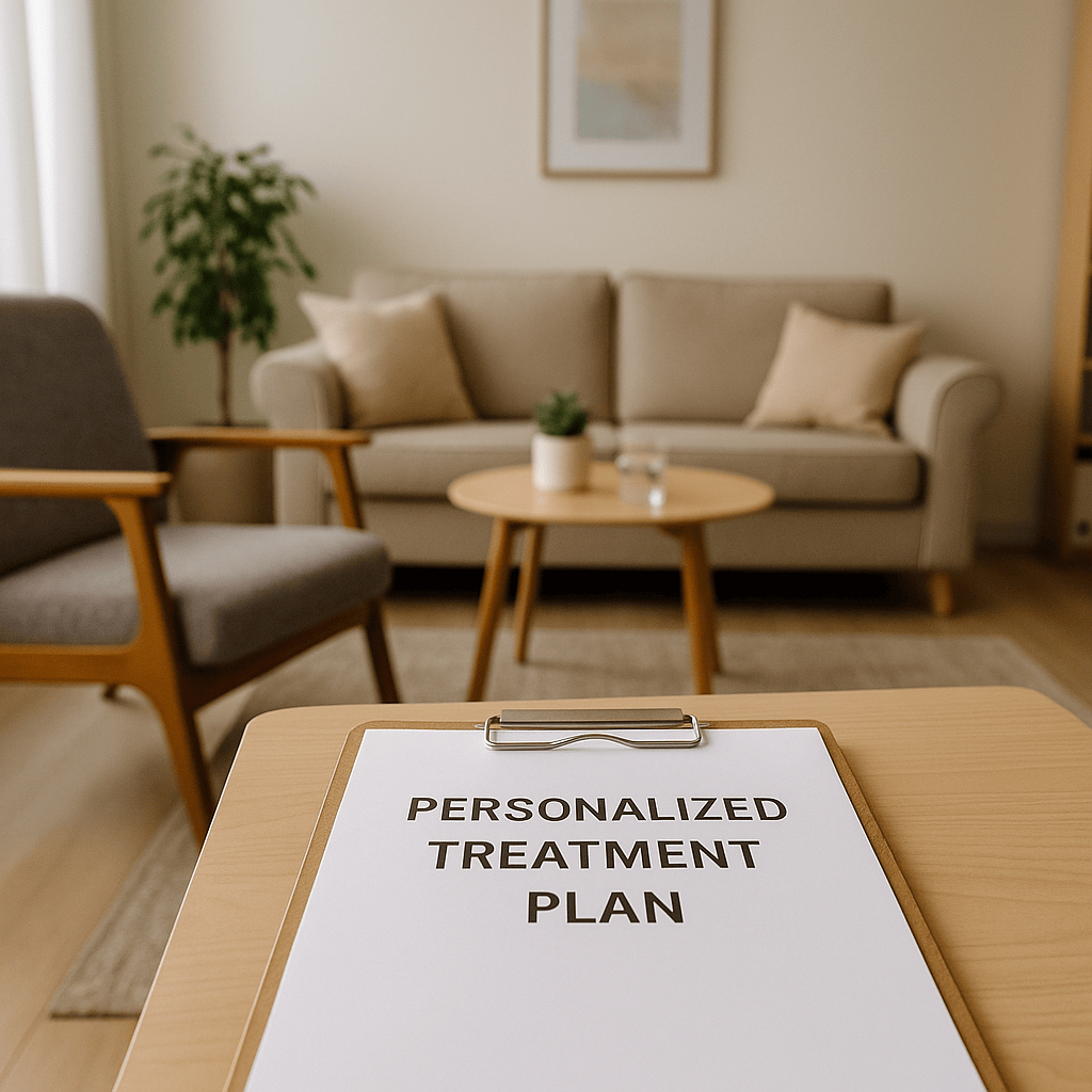 cozy therapy room with clipboard titled personalized treatment plan