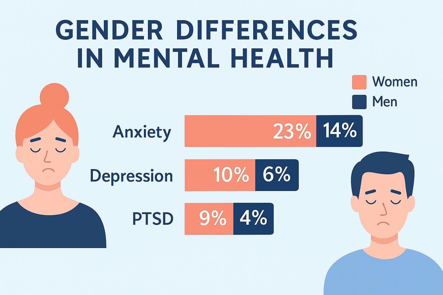Gender comparison chart of anxiety depression and trauma prevalence Are Mental Health Issues More Common in Women Than Men?